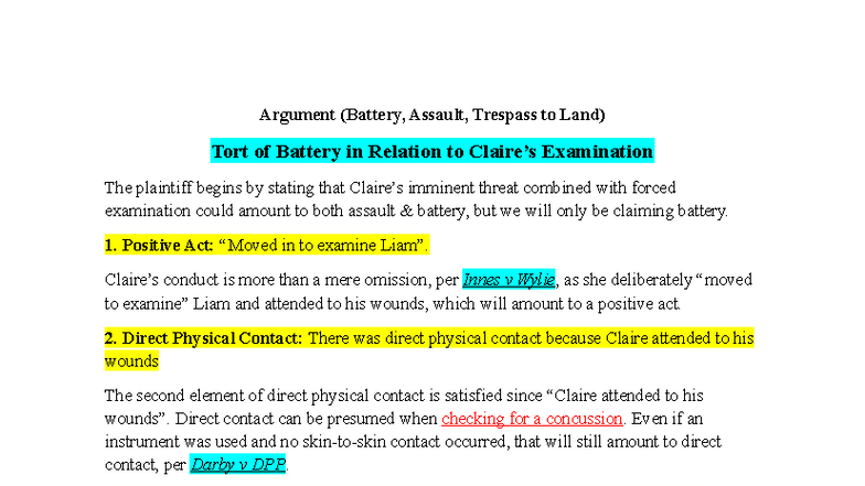 Plaintiff Assignment Argument Outline: Tort of Battery, Assault ...