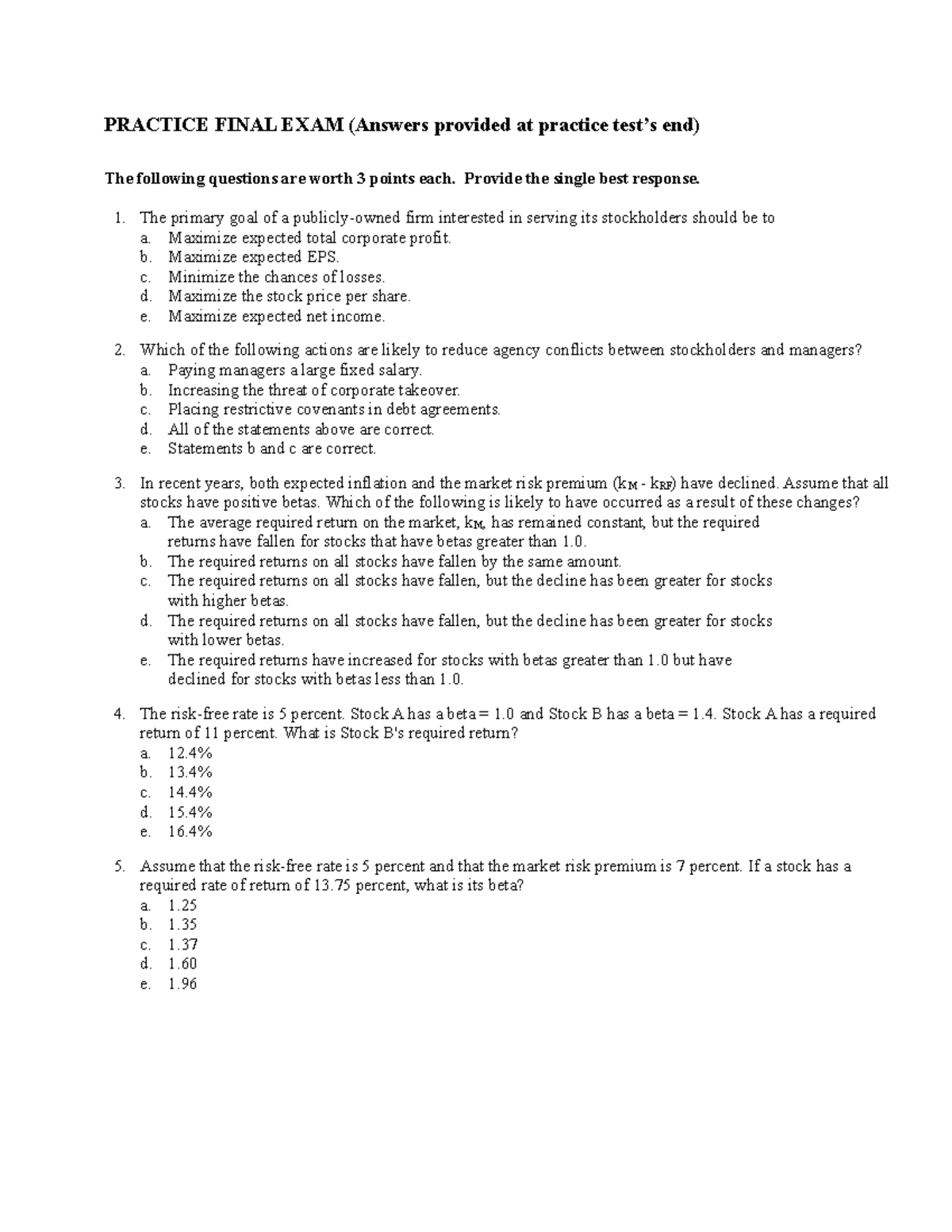 Practice Final Exam for Finance 101: Key Concepts & Answers - Studocu