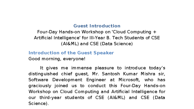 Guest Introduction Workshop on Cloud Computing & AI for B. Tech CSE ...
