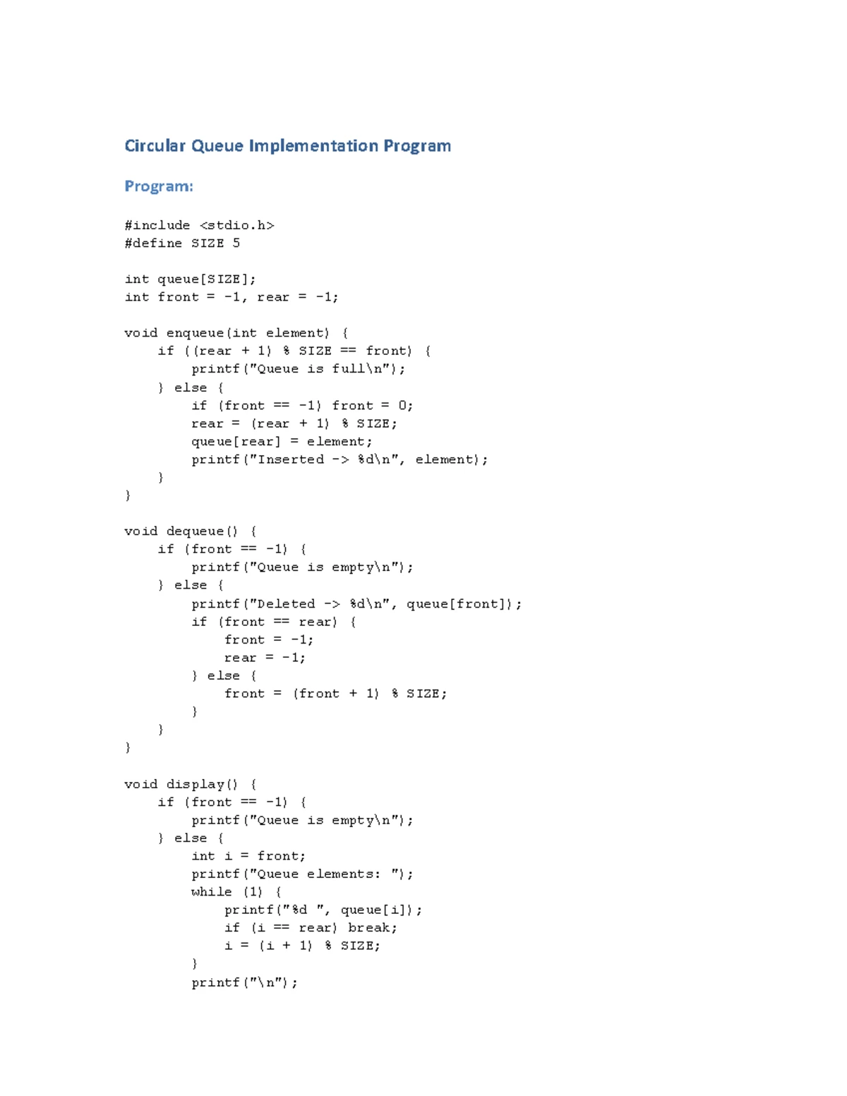 Linear Queue Implementation - Studocu