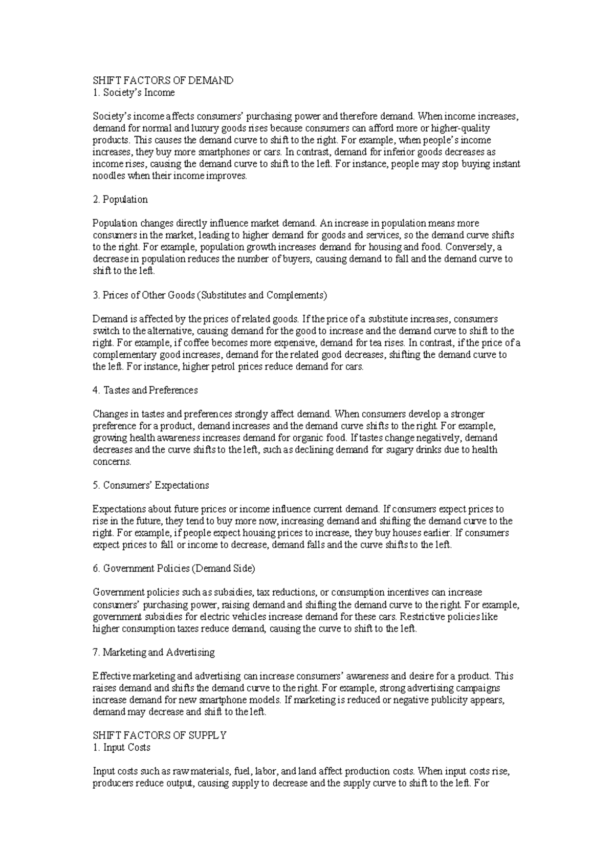 SHIFT FACTORS OF DEMAND AND SUPPLY: ECON 101 NOTES - Studocu