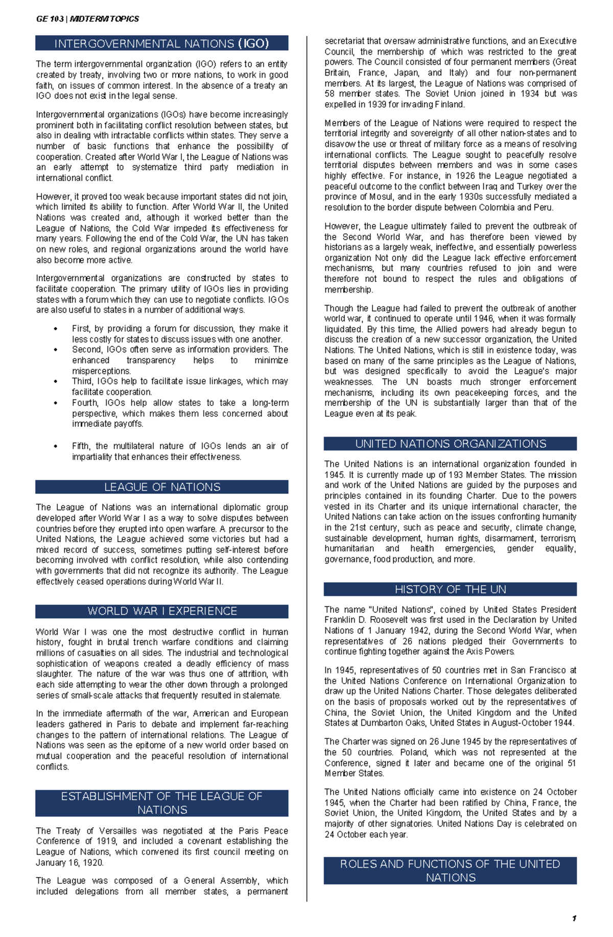 GE 103 Midterm Topics - Nursing Notes - INTERGOVERNMENTAL NATIONS (IGO ...