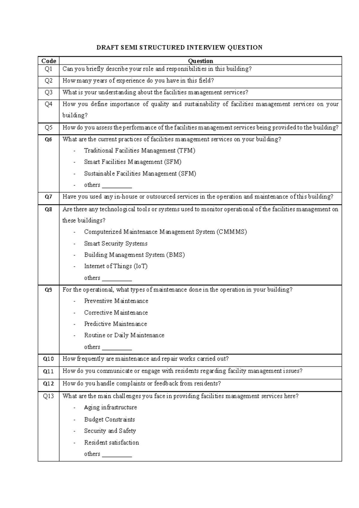 Draft Semi-Structured Interview Questions for Facilities Management (FM ...