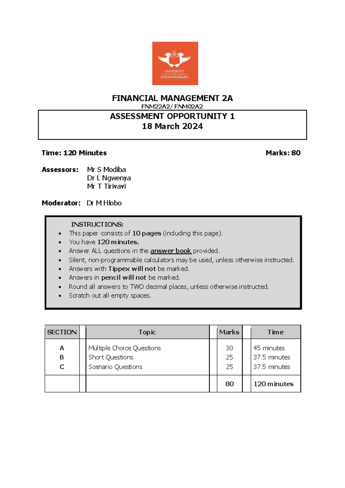 Financial Management 2A (FNM02A2) Assessment Opportunity 1 - March 2024 ...
