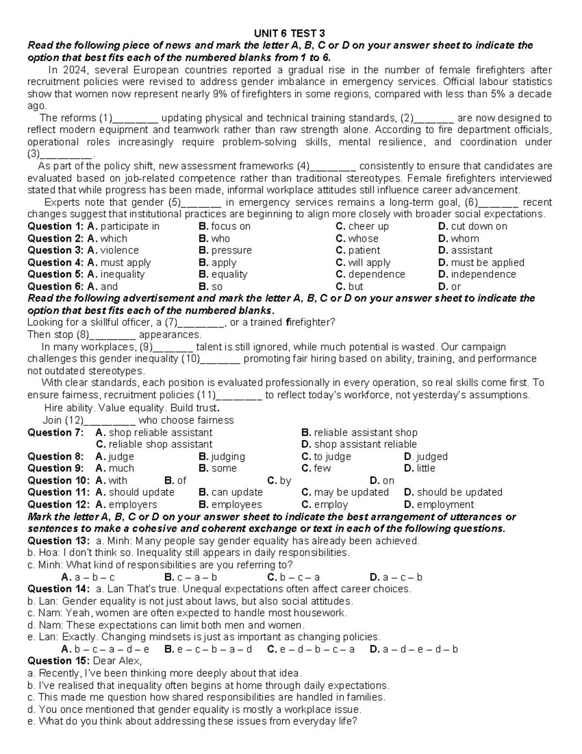 UNIT 6 TEST 3: Gender Equality and Emotional Expression in Society ...