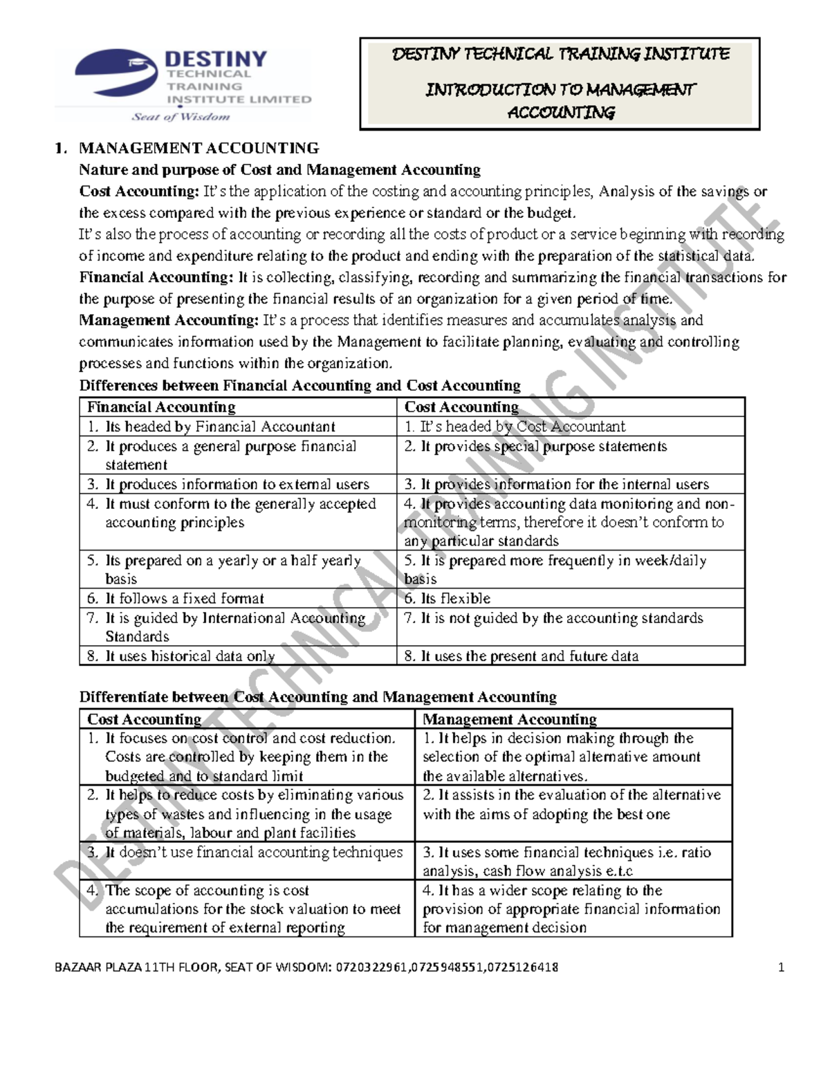 DESTINY TECHNICAL TRAINING INSTITUTE INTRODUCTION TO MANAGEMENT ...