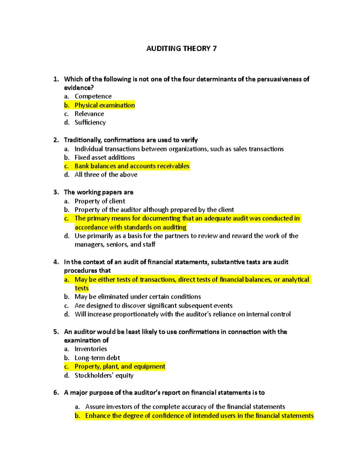Auditing Theory 7 - Multiple Choice Questions Review Guide - Studocu