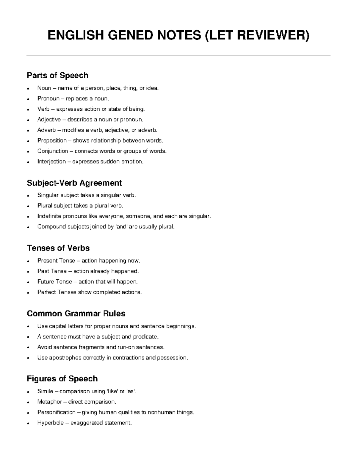ENGLISH GENED NOTES (LET REVIEWER): Parts of Speech & Grammar Tips ...