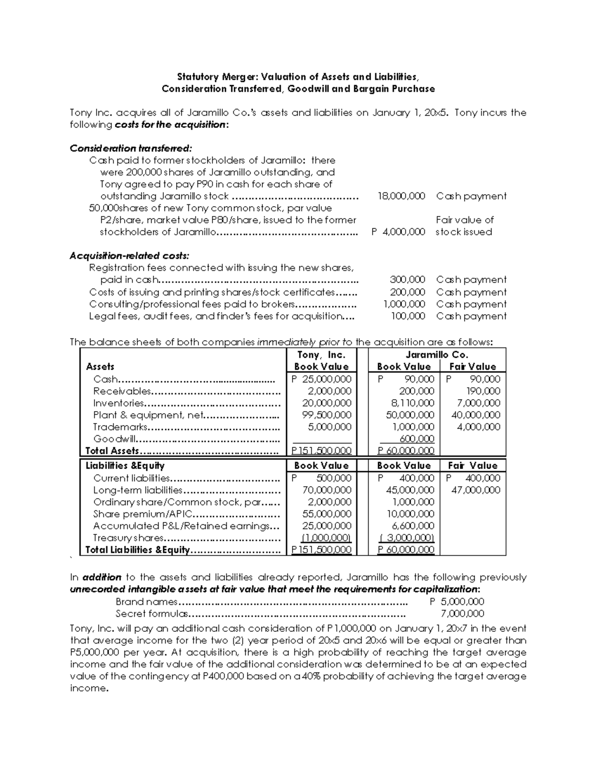 Tony - AFAr 2 - Statutory Merger: Valuation of Assets and Liabilities ...