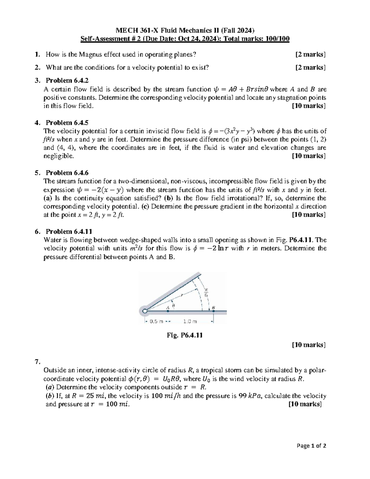MECH Fluid Mechanics II (Fall 2024) Self-Assessment 2 - Studocu