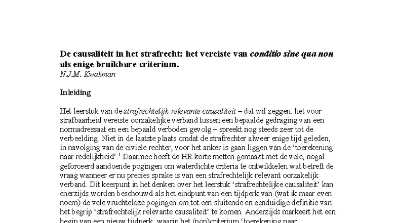 Strafrechtelijke Causaliteit: Conditio Sine Qua Non als Hoofdcriterium ...