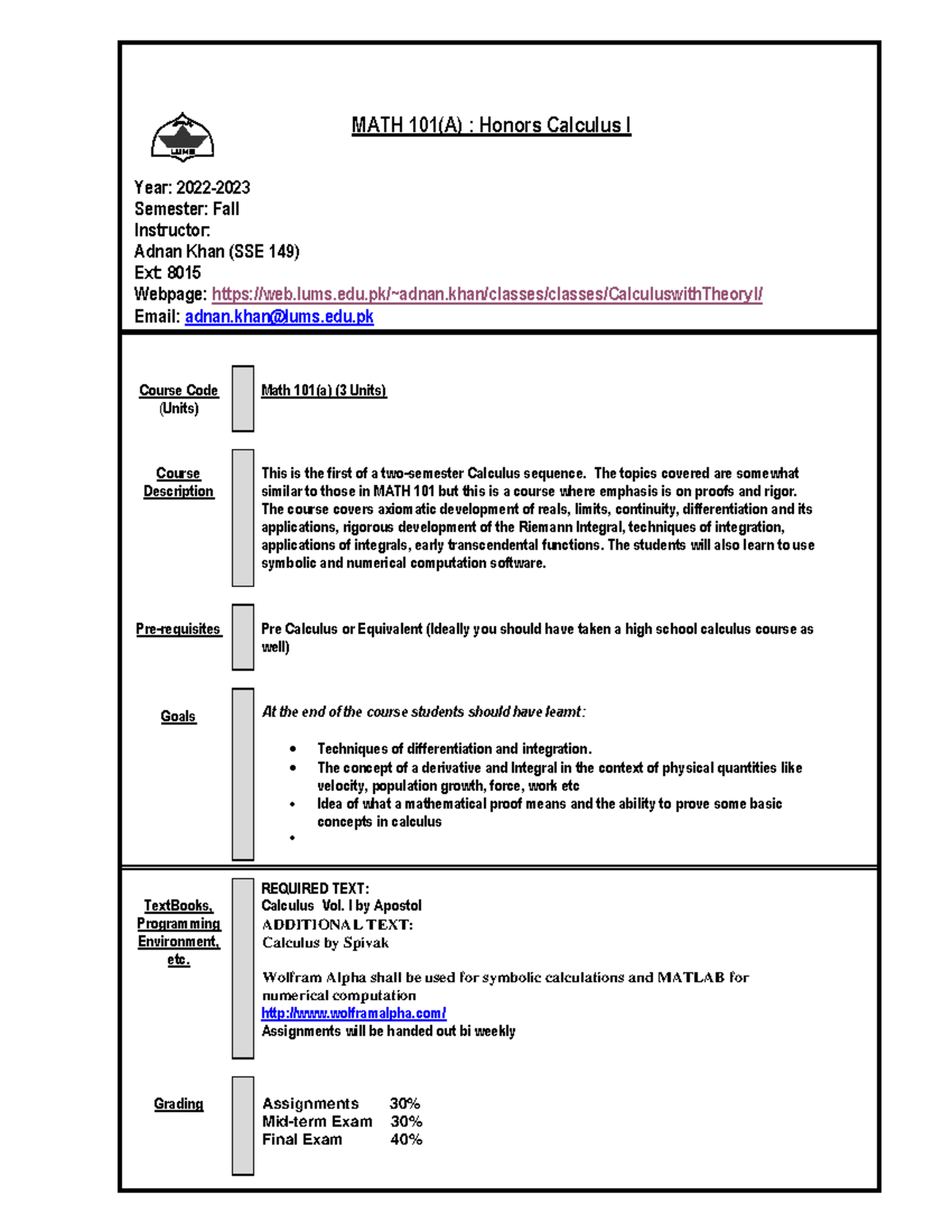 MATH 101 (A) - Honors Calculus I Syllabus for Fall 2022 Semester - Studocu