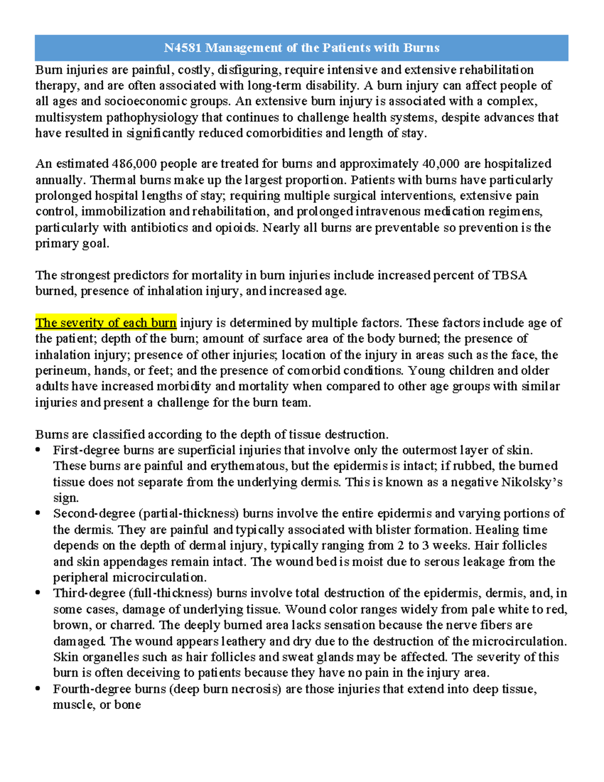 N4581 Burn Management Notes: Comprehensive Overview and Care Strategies ...