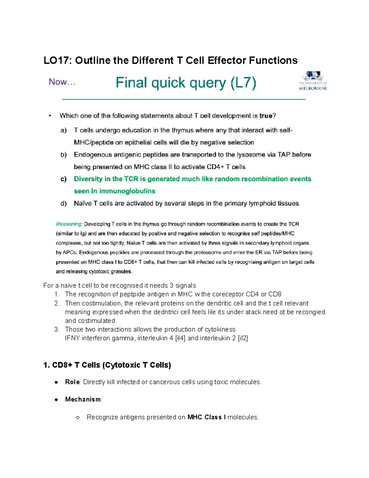 Summary Notes for T Cell Functions and Development (LO17-20) - Studocu