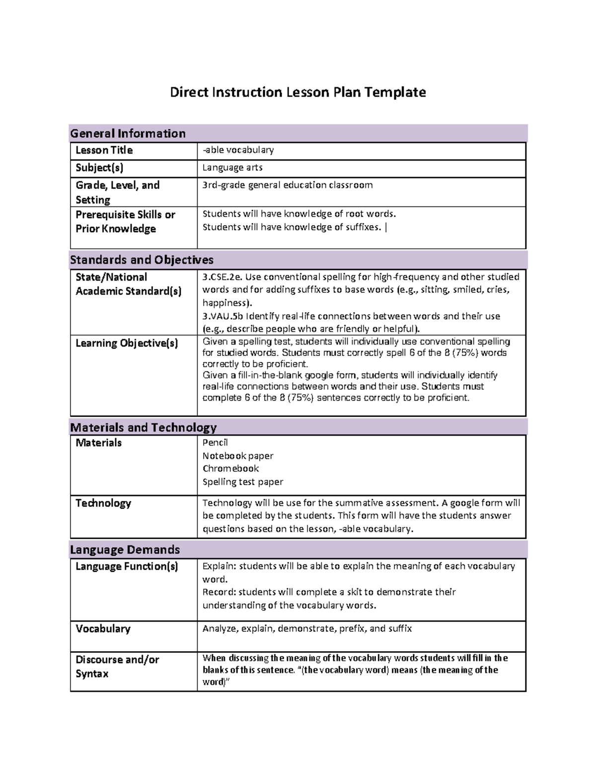 LXM2- Task 1 resubmission - Direct Instruction Lesson Plan