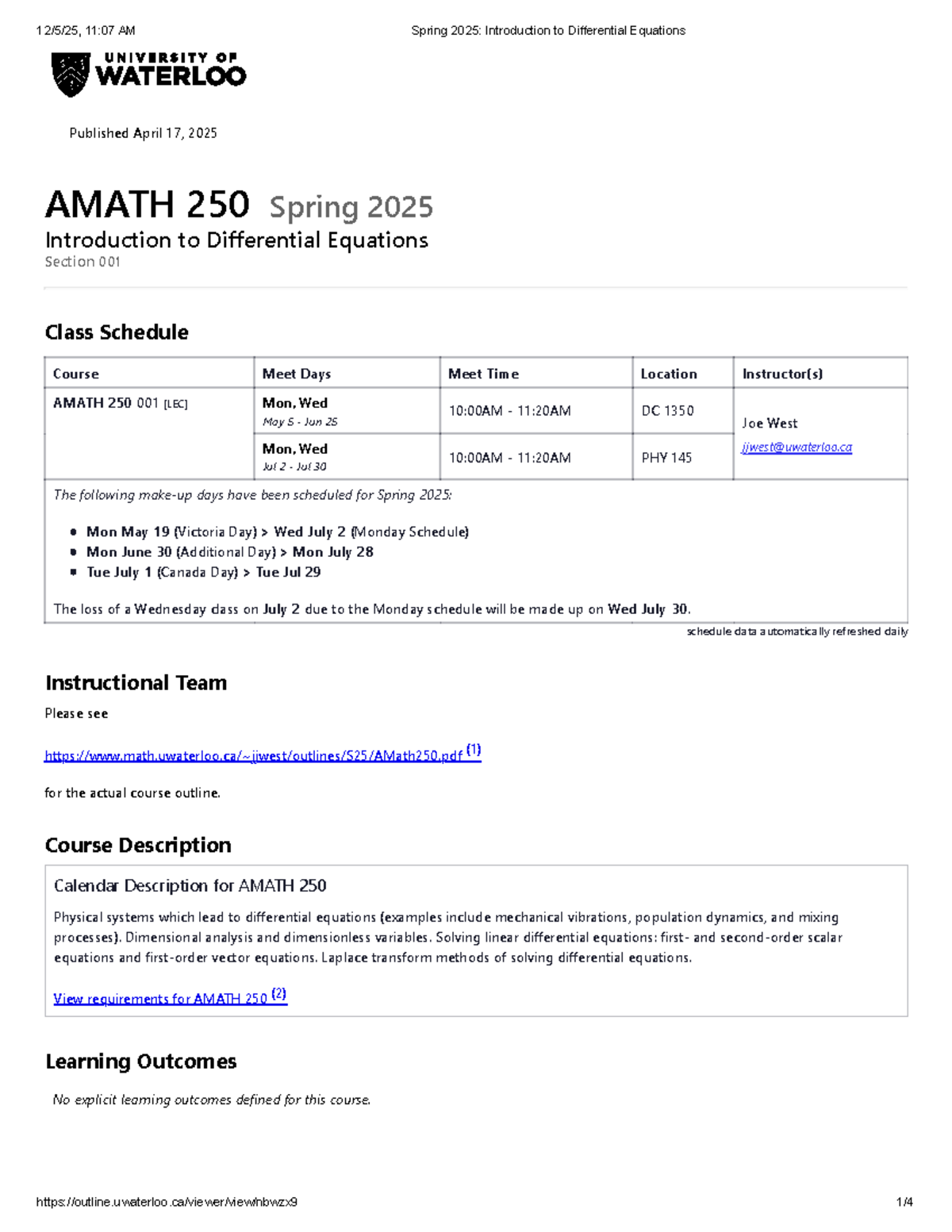 AMATH 250 Spring 2025 Class Schedule: Intro to Differential Equations ...