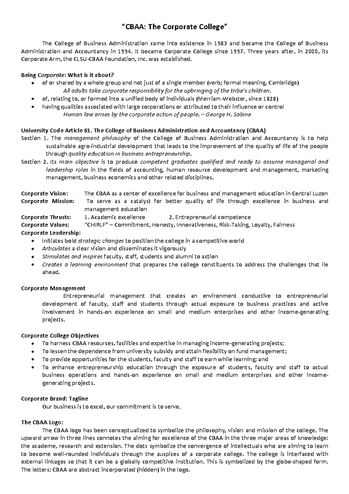 CBAA-VMGO - Vision, Mission, Goals of Corporate College - Studocu