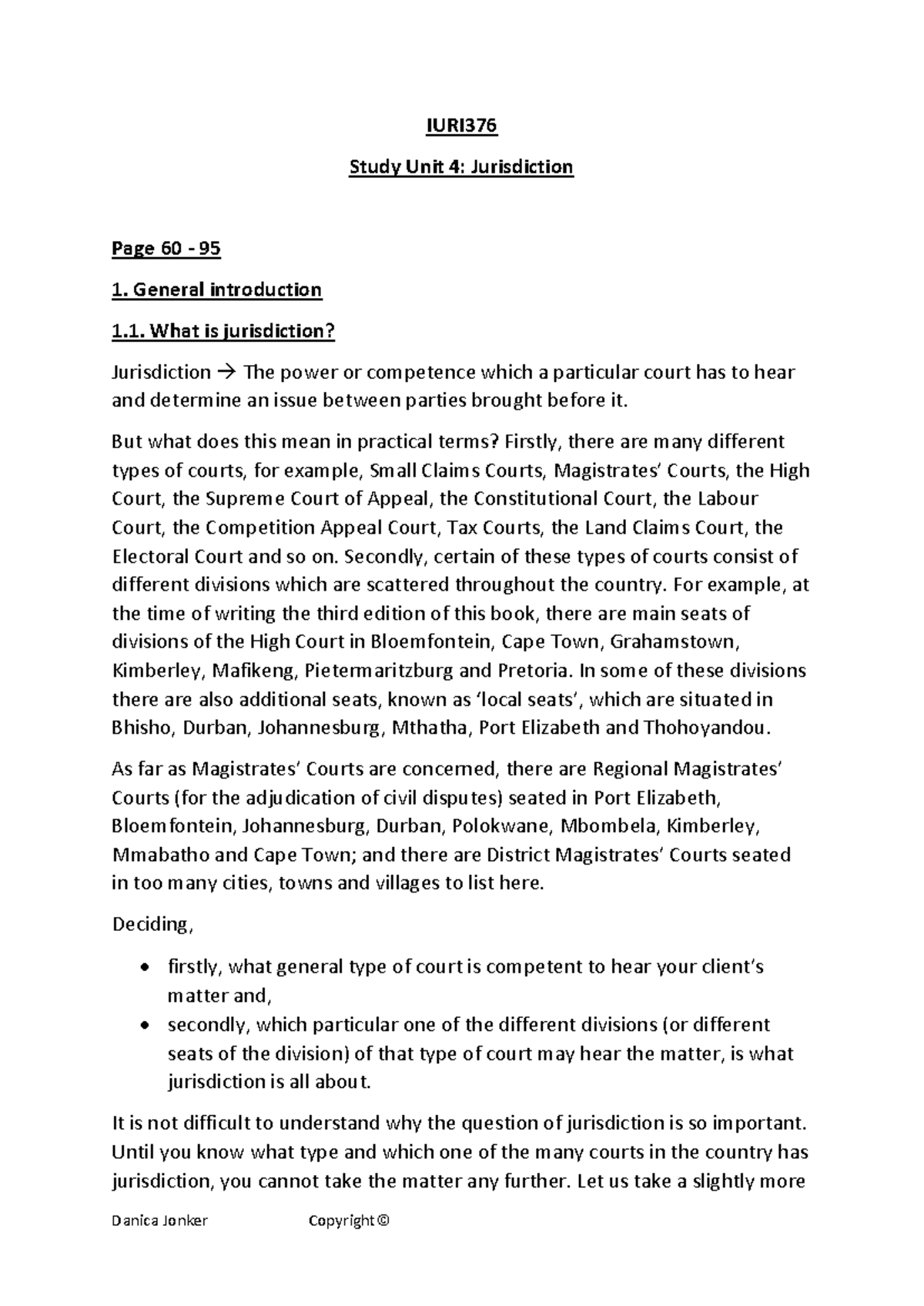 IURI376 - Study Unit 4: Comprehensive Guide to Jurisdiction - Studocu