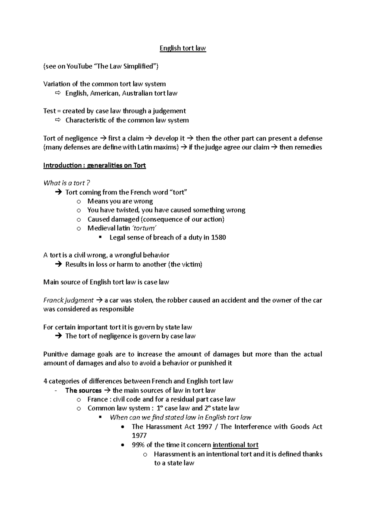 English Tort Law: Key Concepts and Case Law Analysis (Course Code ...