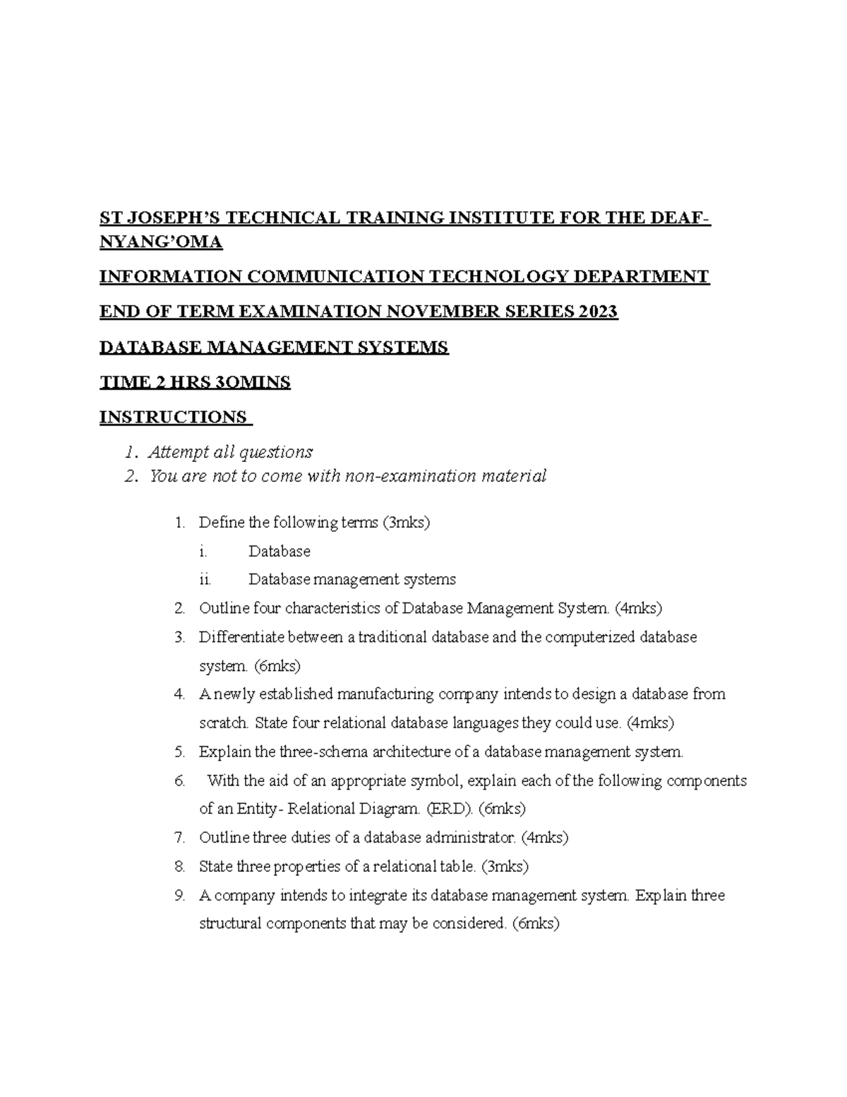 DBMS 2023 Final Exam - Database Management Systems Questions - Studocu