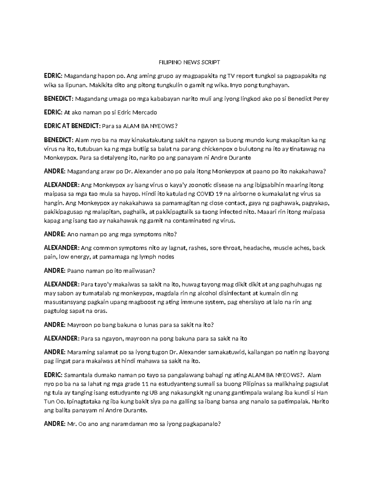FILIPINO NEWS SCRIPT: ALAM BA NYEOWS? on Monkeypox & Poetry Contest ...