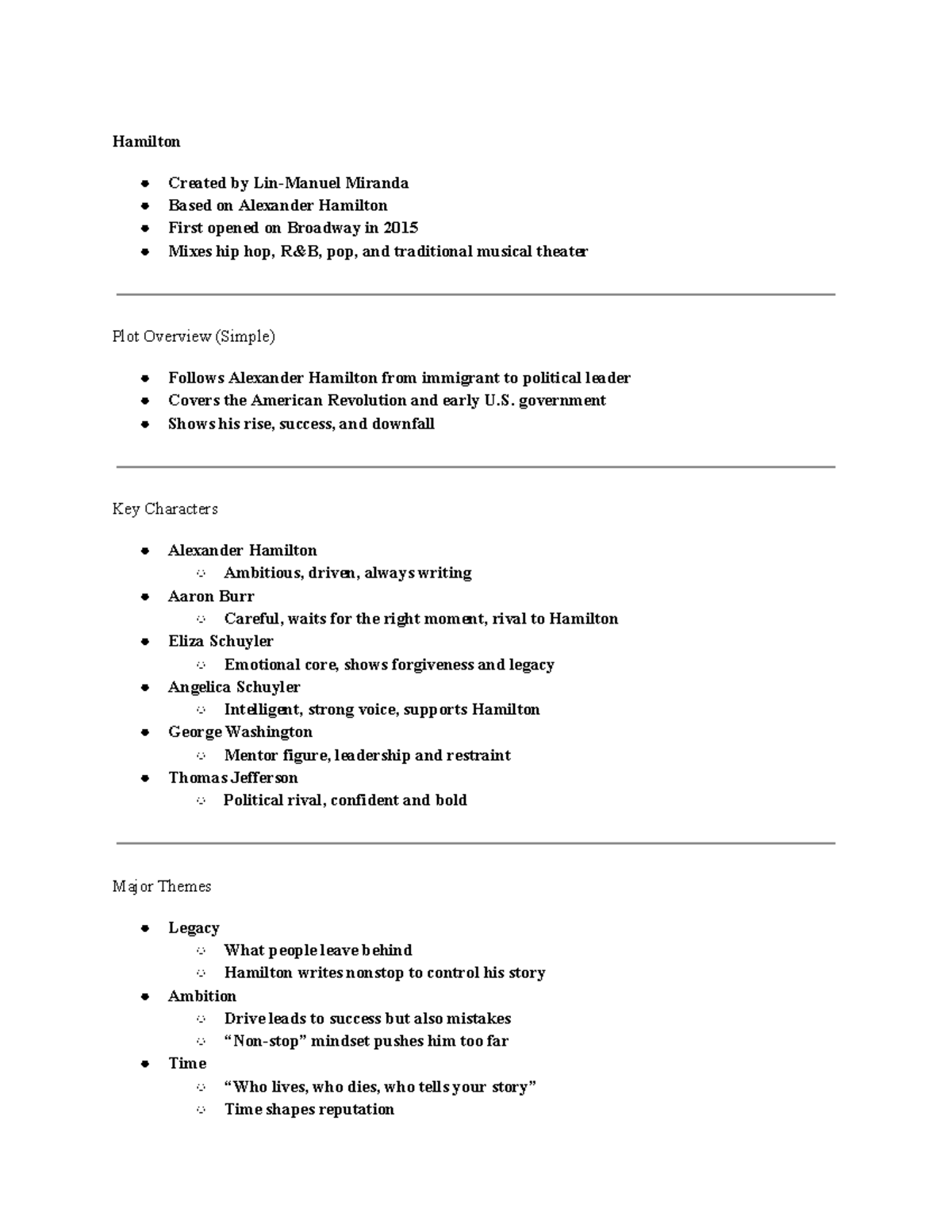 Hamilton (MUS 101) Notes: Overview, Characters, and Themes - Studocu