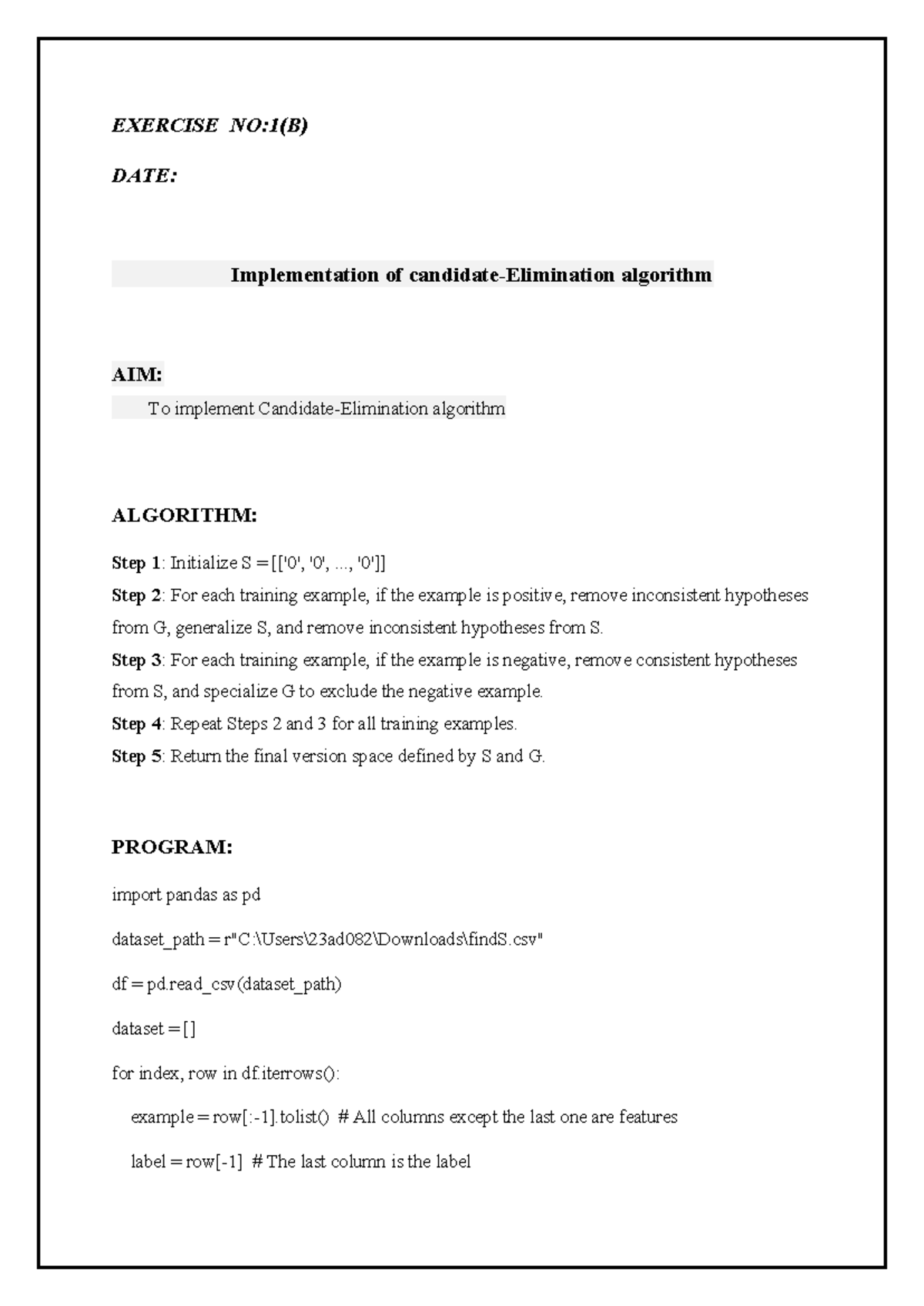 Implementation of Algorithm - Exercise 1(B) - Studocu
