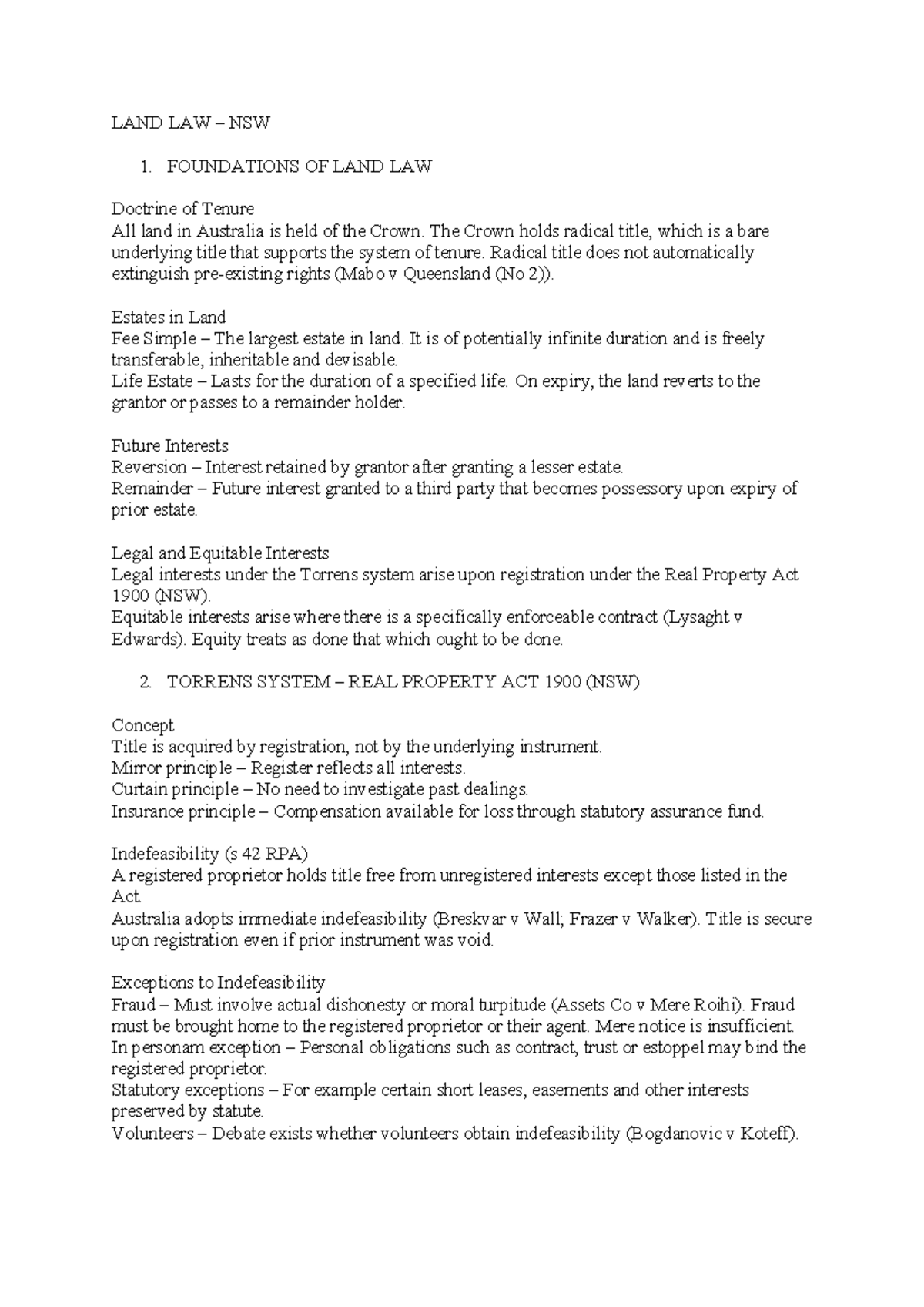 Land Law NSW: Final Exam Notes on Tenure, Torrens & Native Title - Studocu