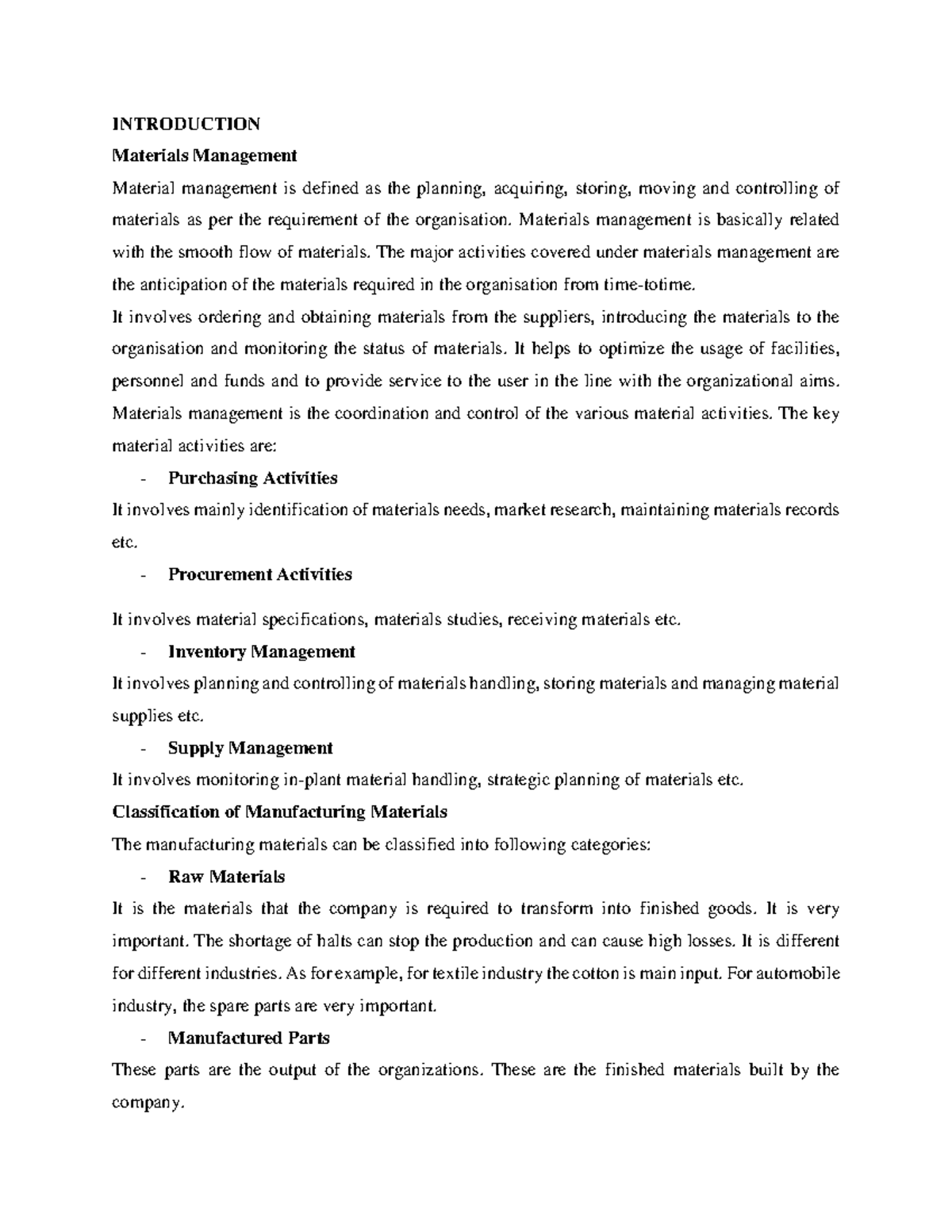 Introduction to Materials Management - Course Code: MGT101 - Studocu