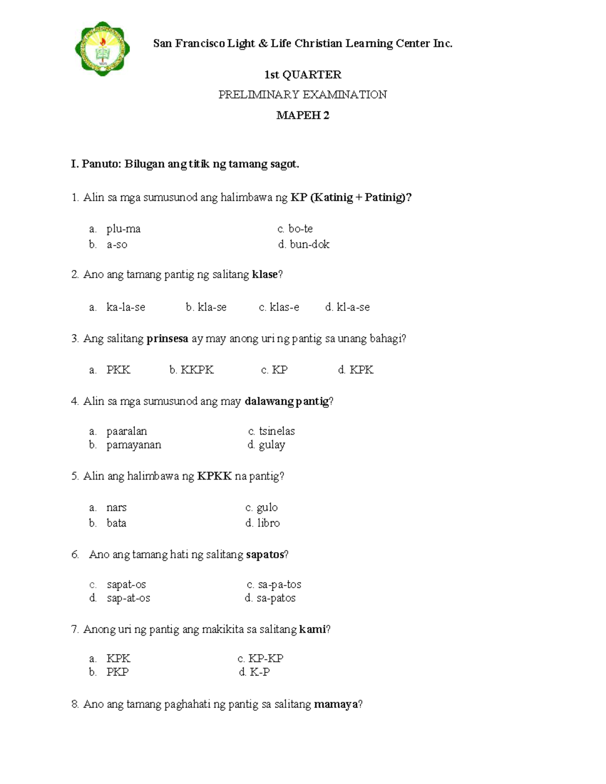 Filipino 2 - 1st Quarter Preliminary Exam Sample MAPEH 2 - Studocu