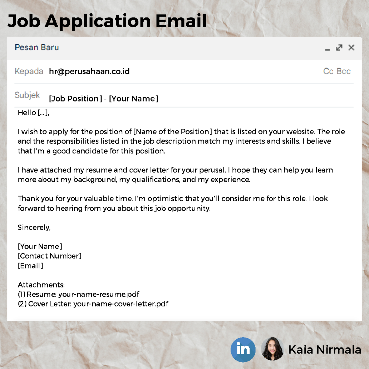 Job Application Email Template by Kaia Nirmala 1703076633 - Studocu