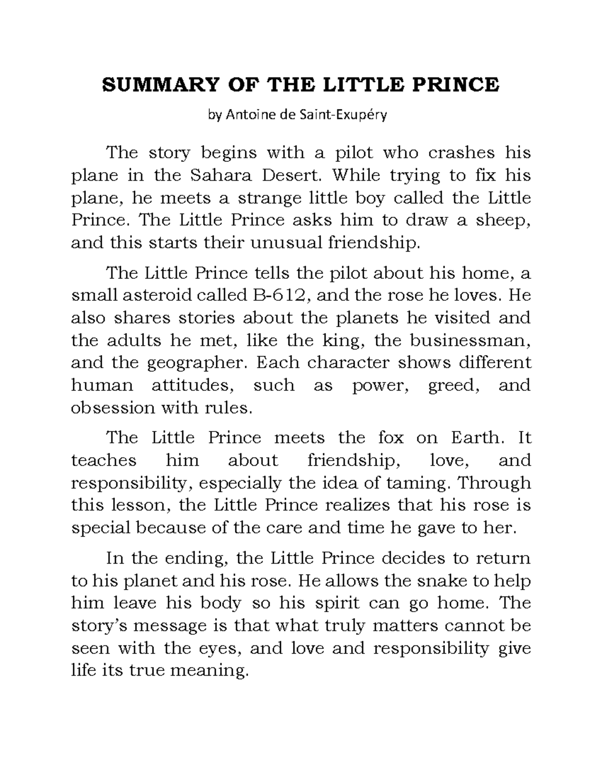 SUMMARY OF THE LITTLE PRINCE: A Tale of Love & Responsibility - Studocu