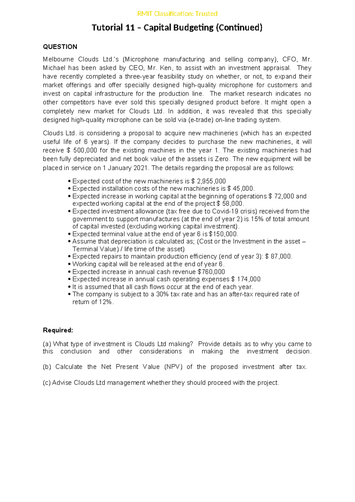 W11 Tutorial 11: Capital Budgeting Investment Appraisal Analysis - Studocu