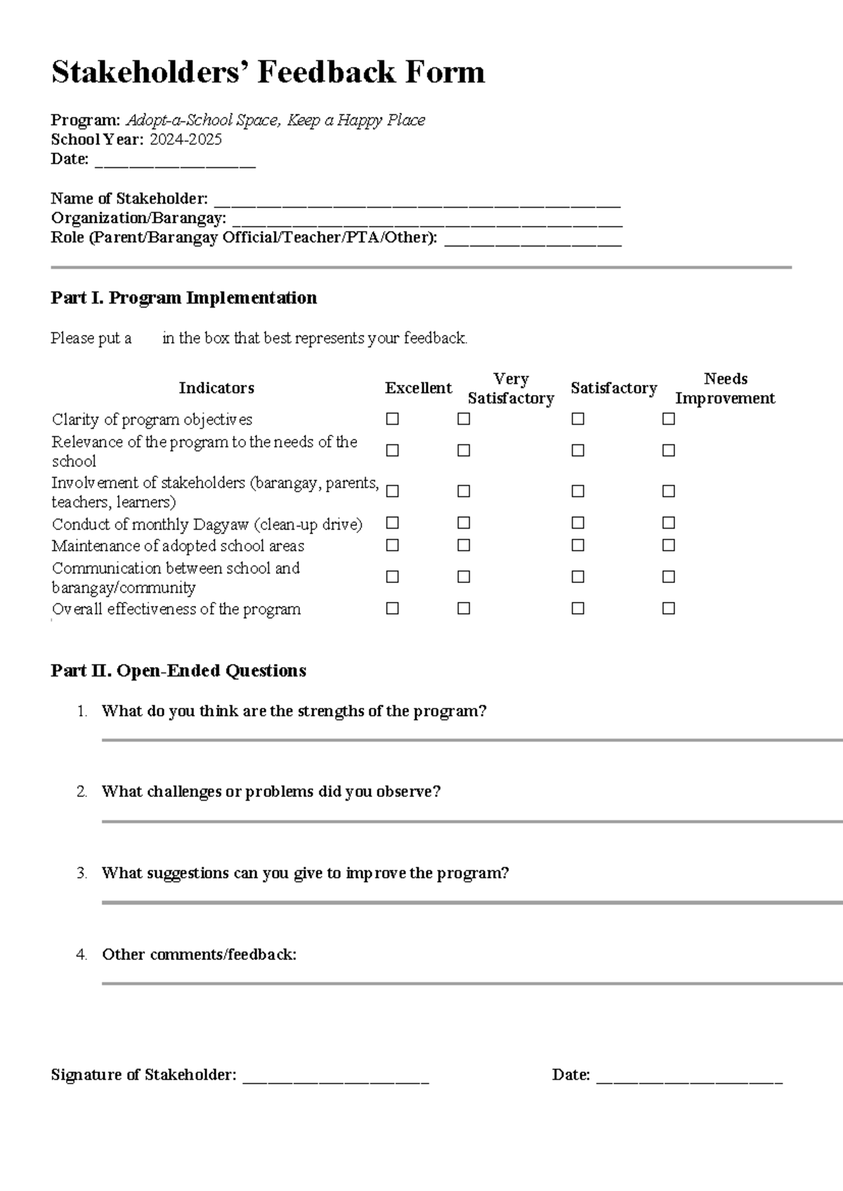 Feedback Form: Stakeholders for Space Program Evaluation - Studocu