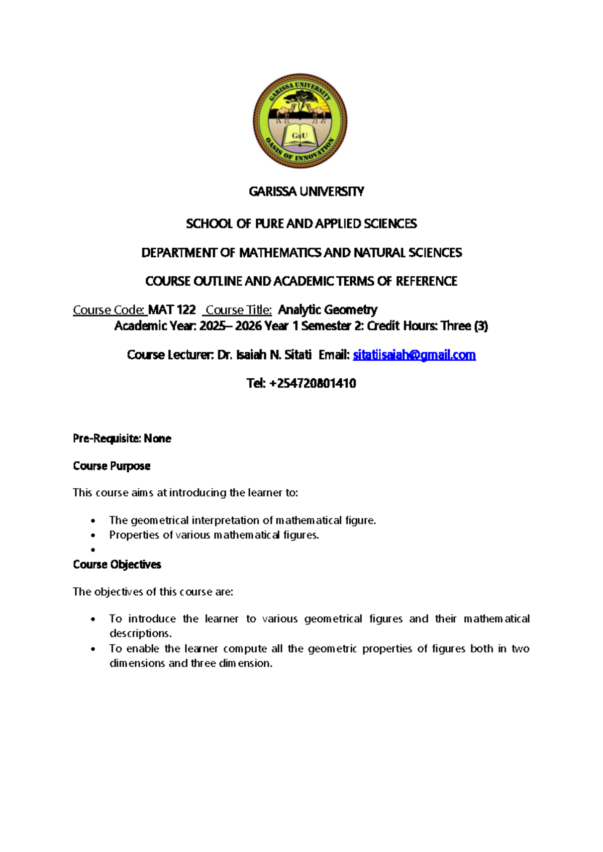 MAT 122 - Analytic Geometry Course Outline & Lecture Notes 2026 - Studocu