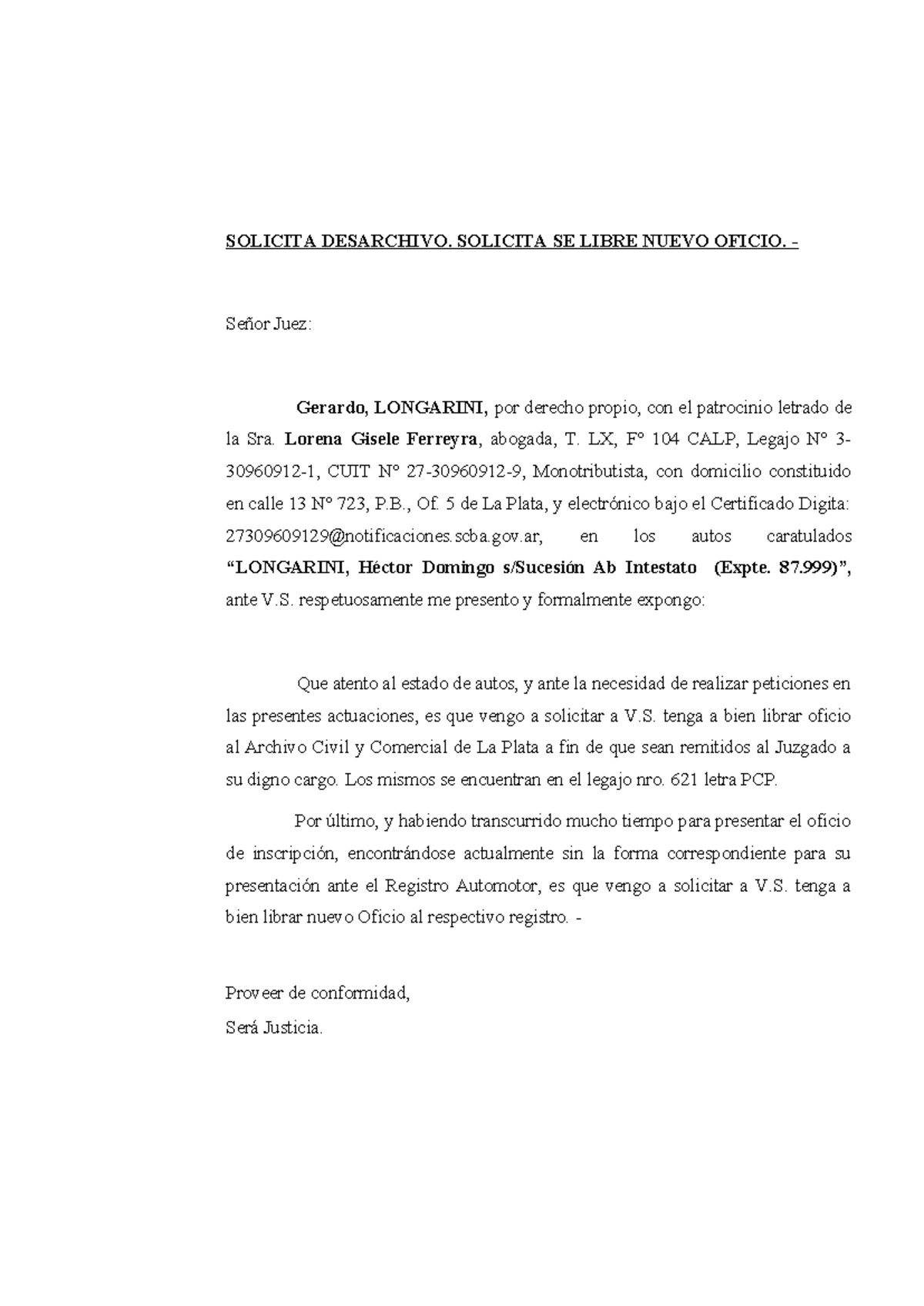 Solicitud de Desarchivo y Libramiento de Nuevo Oficio - Document Preview