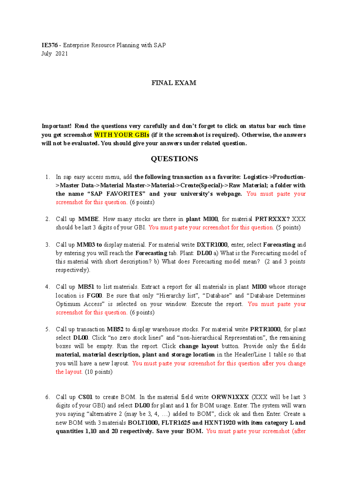 IE 376 Final Exam Make-Up - SAP ERP Questions and Guidelines - Studocu