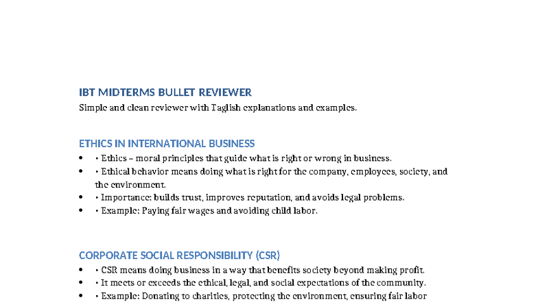 IBT Midterms Bullet Reviewer: Ethics in International Business - Studocu