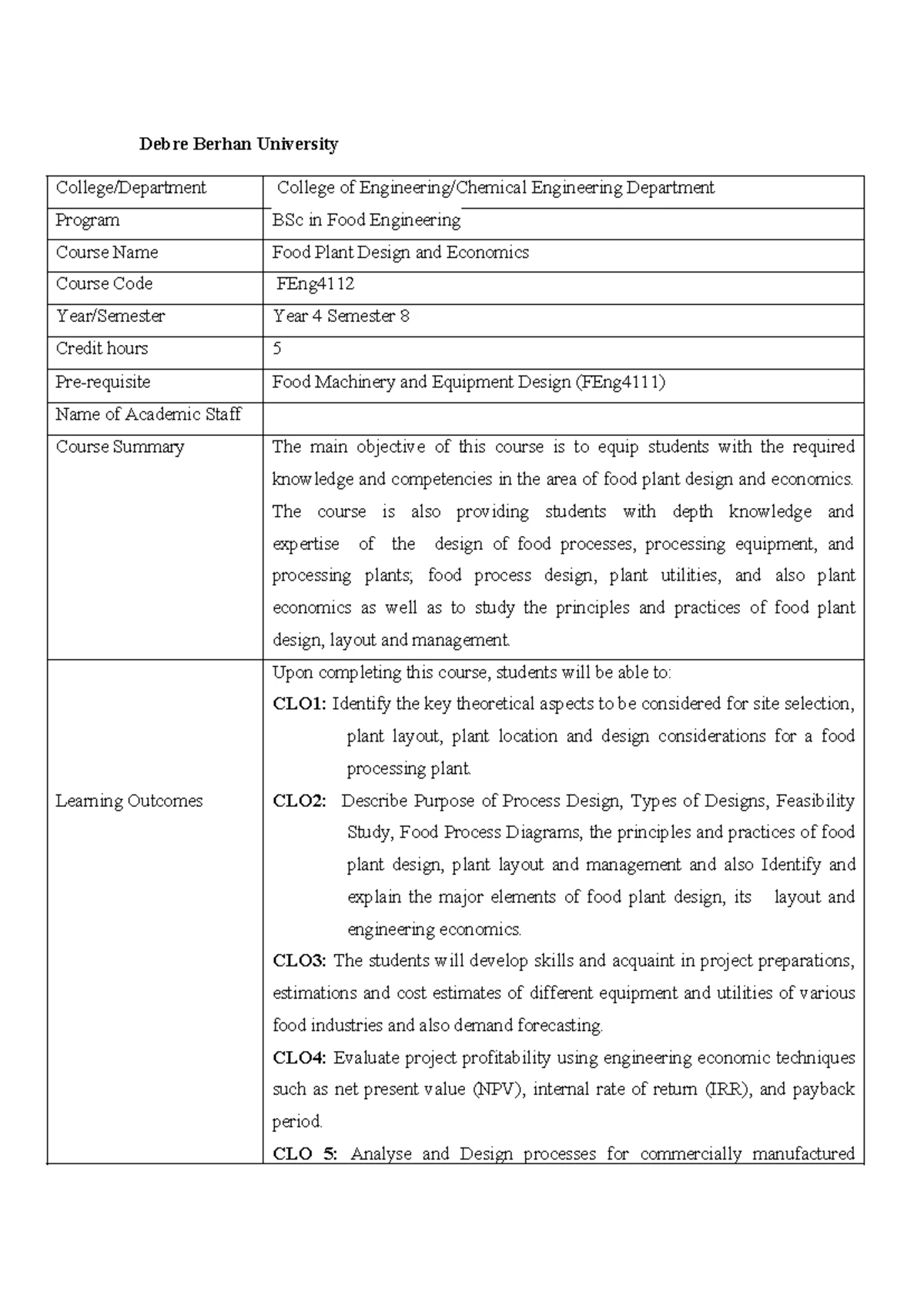 Plant design course outline - Debre Berhan University FEng4112: Food ...