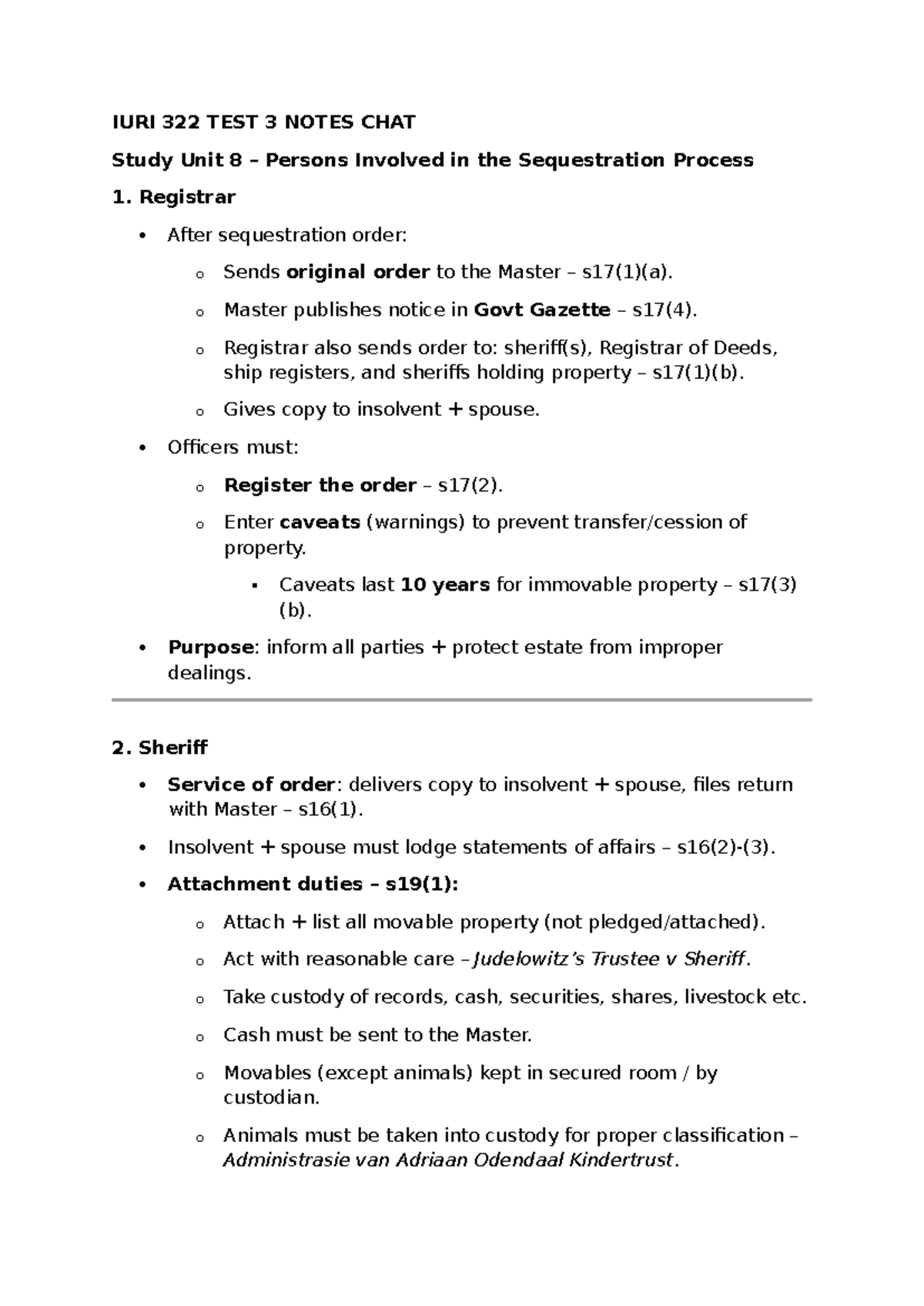 IURI 322 TEST 3 Study Notes on Sequestration Process and Roles - Studocu