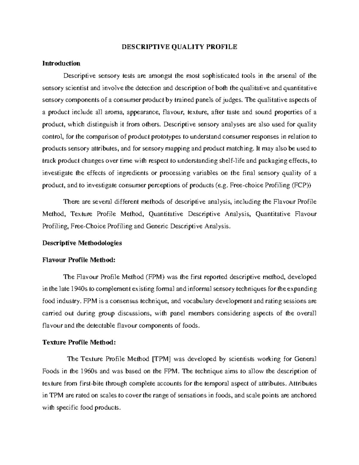 Descriptive Quality Analysis Methods - Sensory Science Insights - Studocu