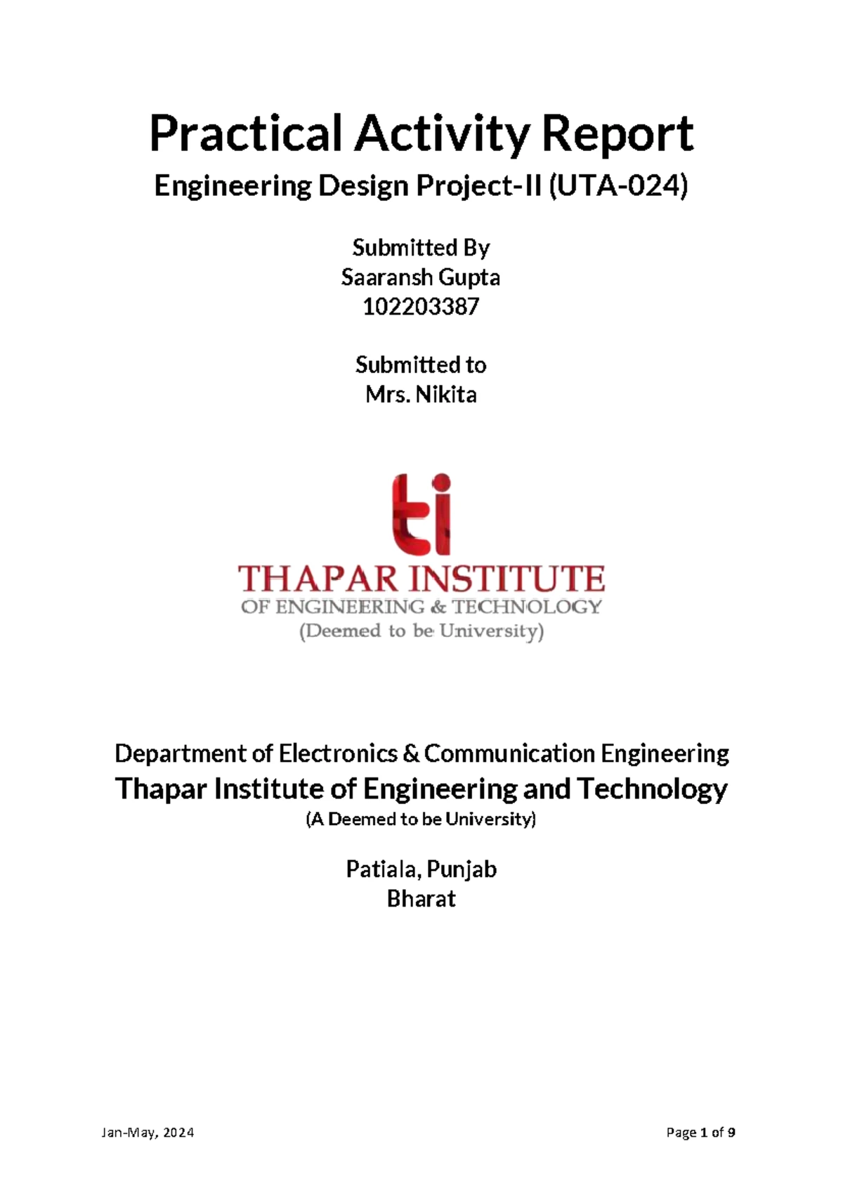 Engineering Design Project-II (UTA-024) - Practical Activity Report ...