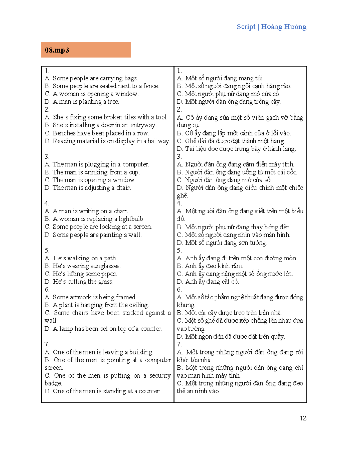 Script Hoàng Hường 08-09: Listening Comprehension Exercises - Studocu
