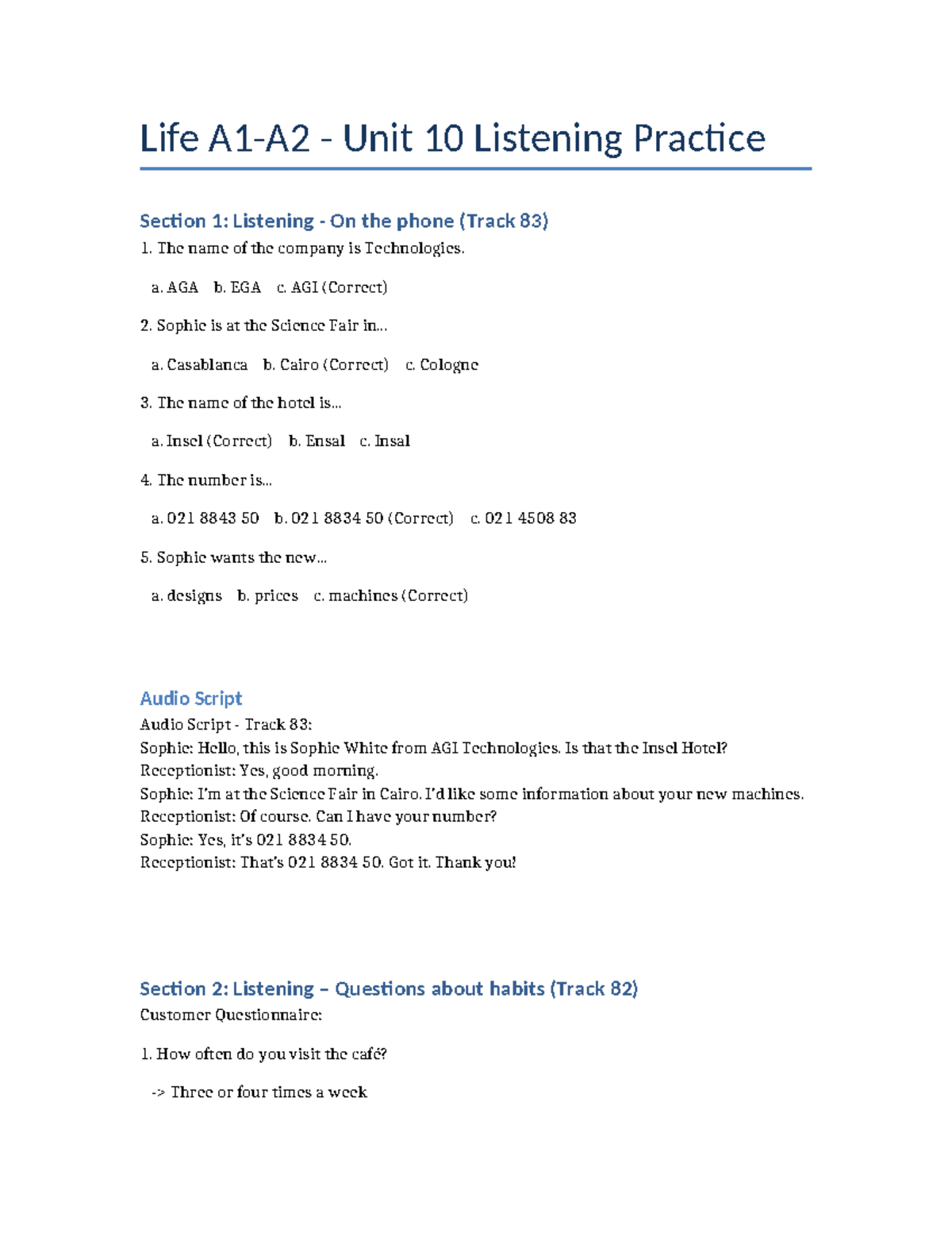 Unit 10 Listening Practice: Phone Conversations & Customer Habits - Studocu