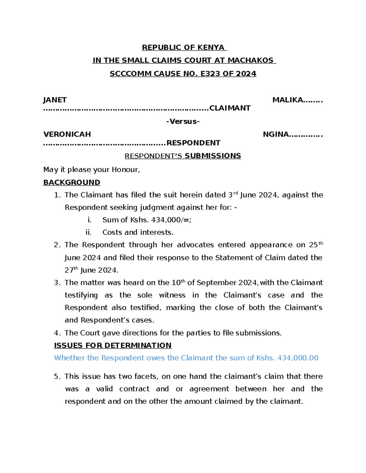 Submissions-Veronicah Ngina - REPUBLIC OF KENYA IN THE SMALL CLAIMS ...