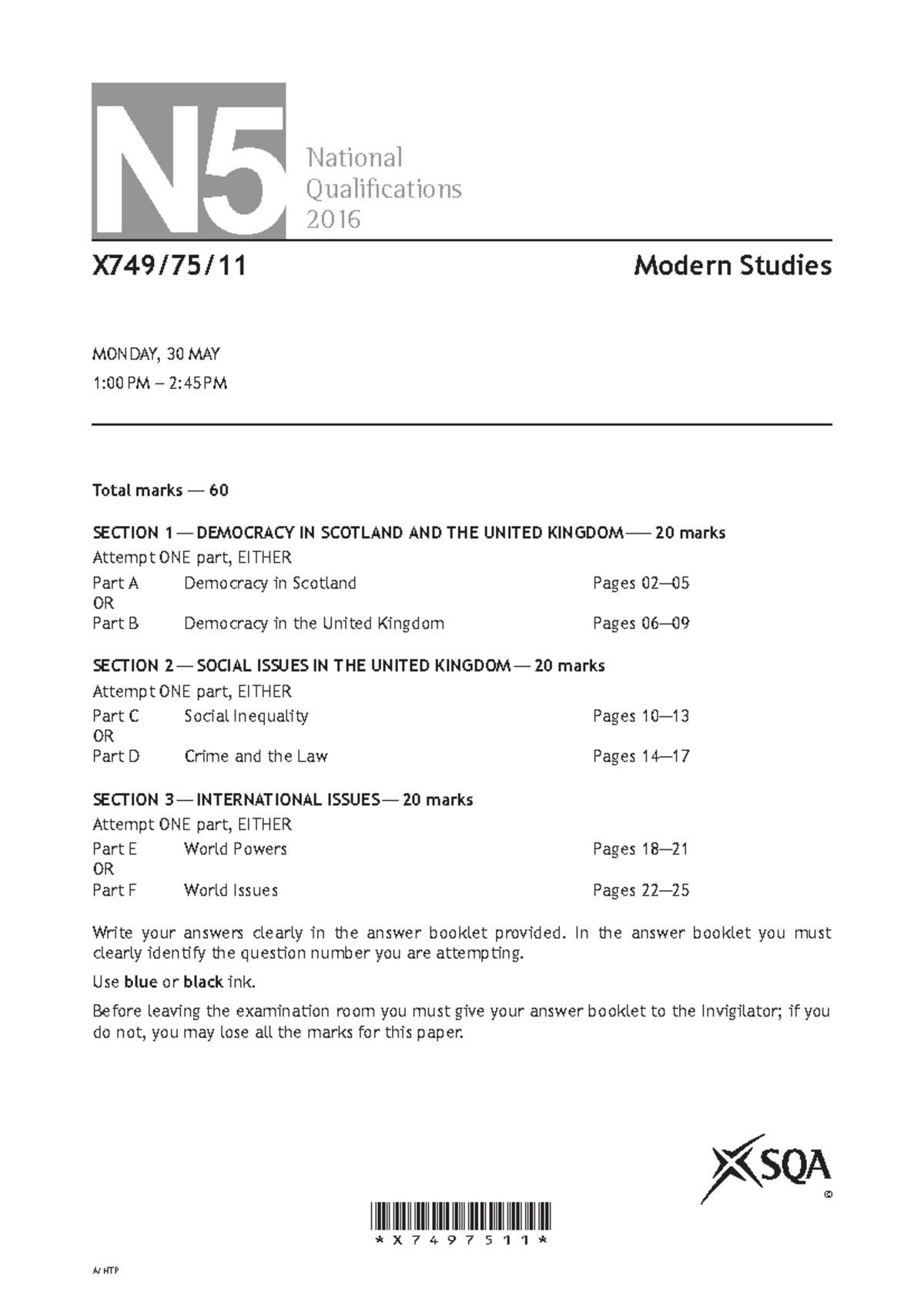 N5 Modern Studies 2016 Question Paper: Key Topics & Sections - Studocu