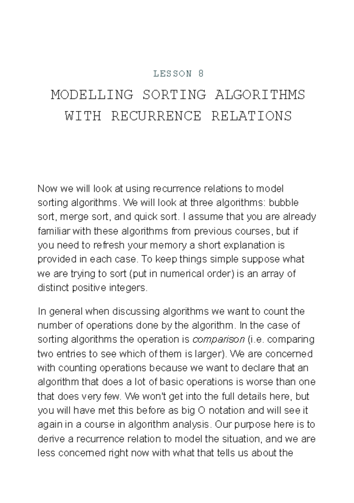 LESSON 8: MODELING SORTING ALGORITHMS WITH RECURRENCE RELATIONS - Studocu