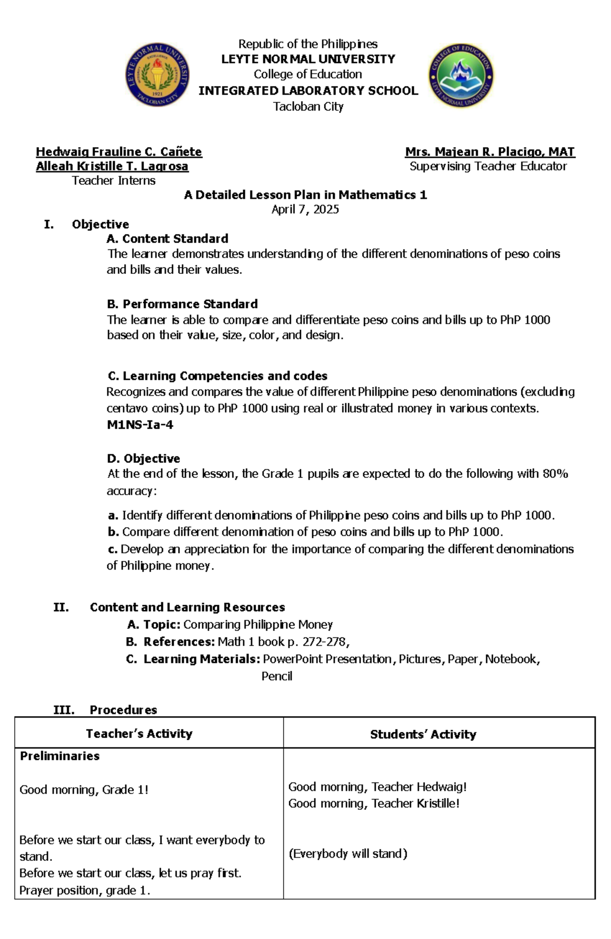 Final Lesson Plan MATH1Q4L5: Comparing Philippine Money - Studocu
