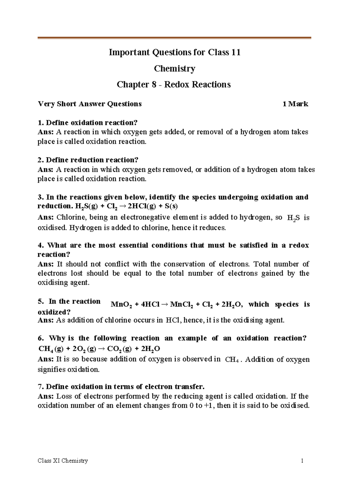CBSE Class 11 Chemistry Chapter 8 Redox Reactions Important Questions ...