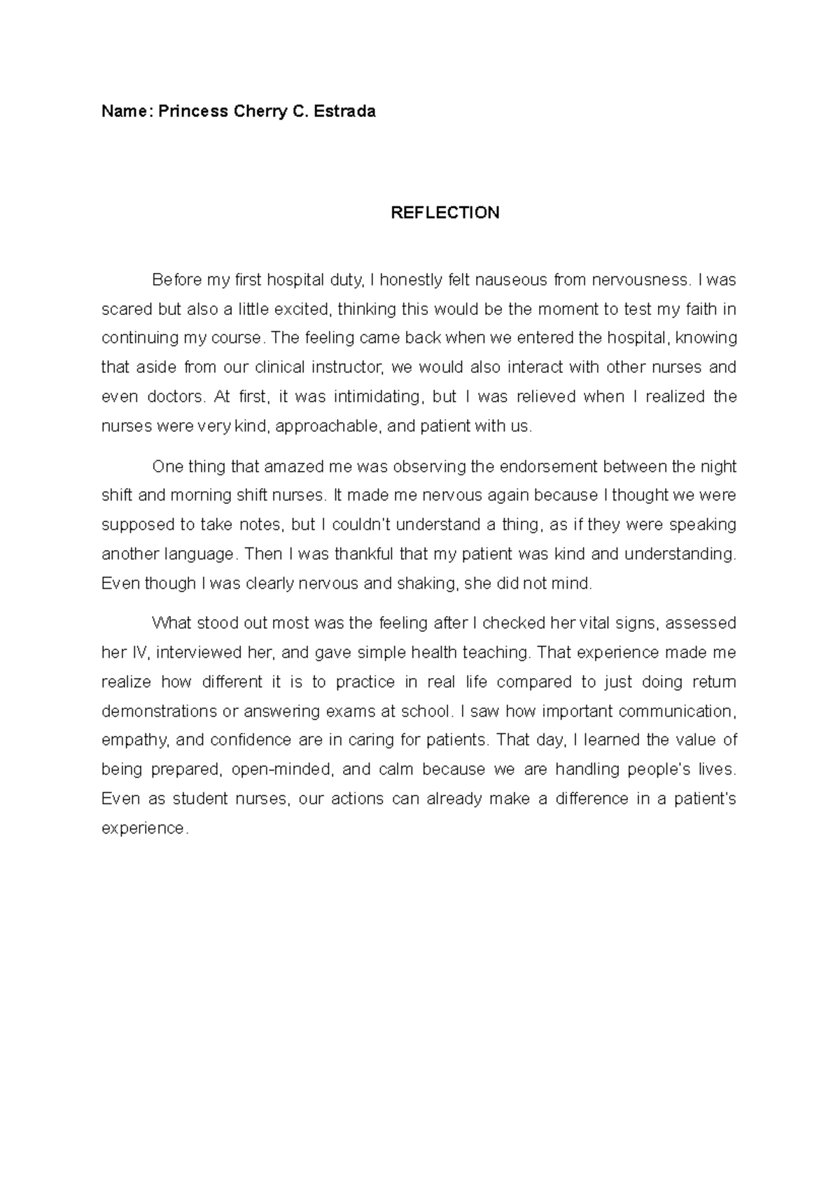 NURS 101: 1st Duty Reflection - Experiences in Patient Care - Studocu